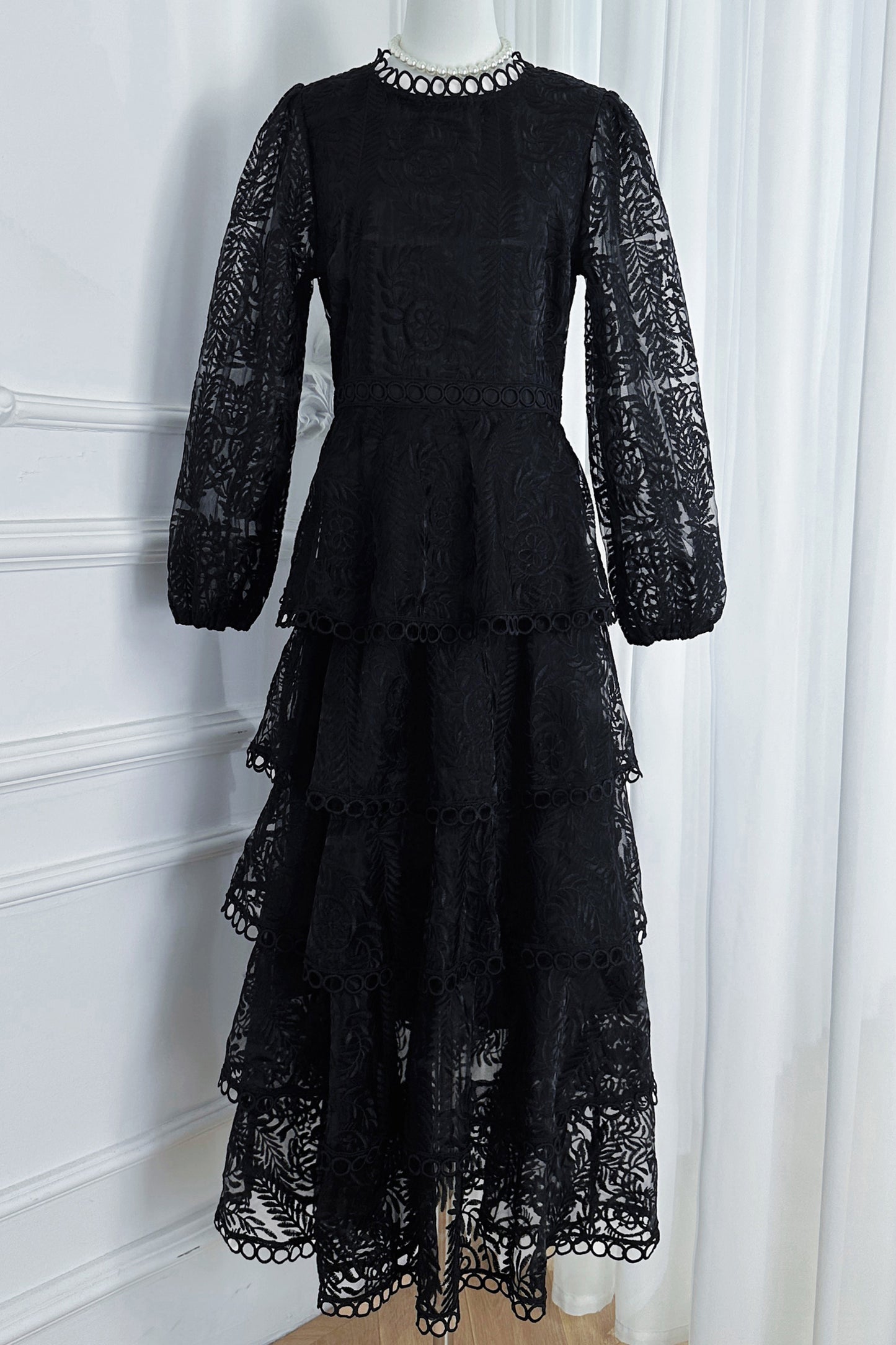 Women's Mesh Embroidery Ruffle Tiered Layered Maxi Dress