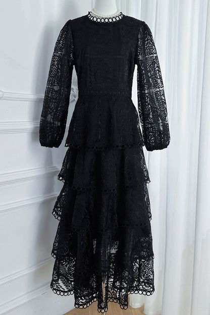 Women's Mesh Embroidery Ruffle Tiered Layered Maxi Dress