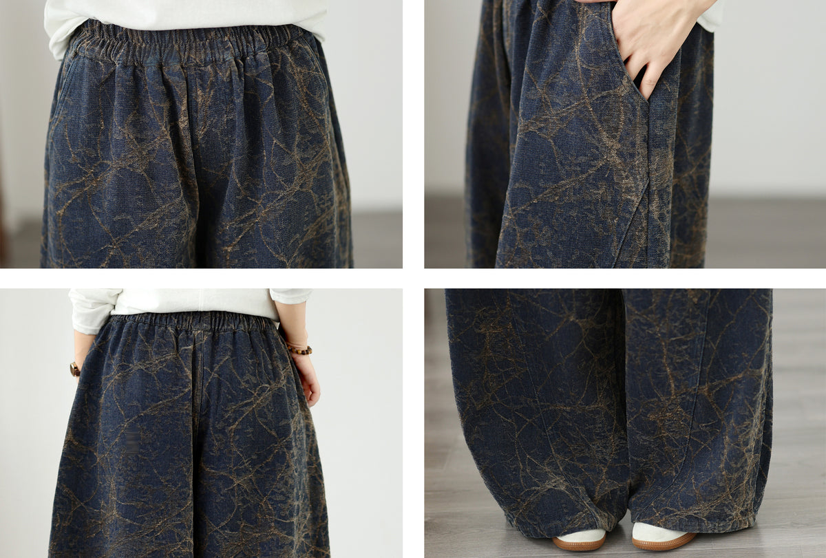 Vintage Dark Denim Wide-Leg Pants | Artistic Crackle Print & Elastic Waist