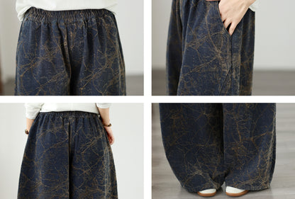 Vintage Dark Denim Wide-Leg Pants | Artistic Crackle Print & Elastic Waist
