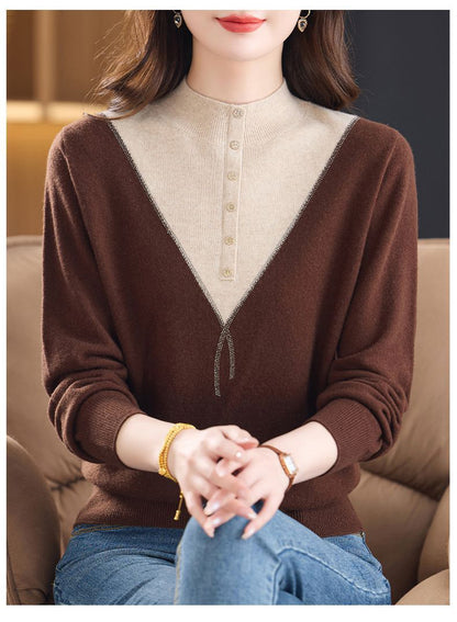 Women's Mock Neck Ribbed Sweaters Knit Patchwork Tops