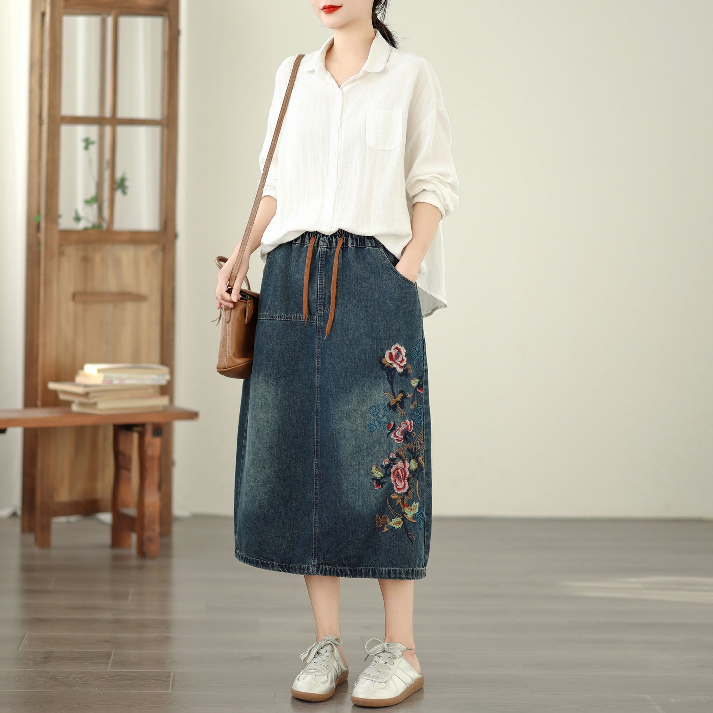 Women's Denim Drawstring Waist Pockets Jean Skirt