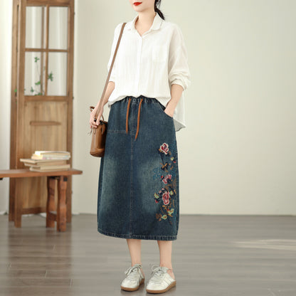 Women's Denim Drawstring Waist Pockets Jean Skirt
