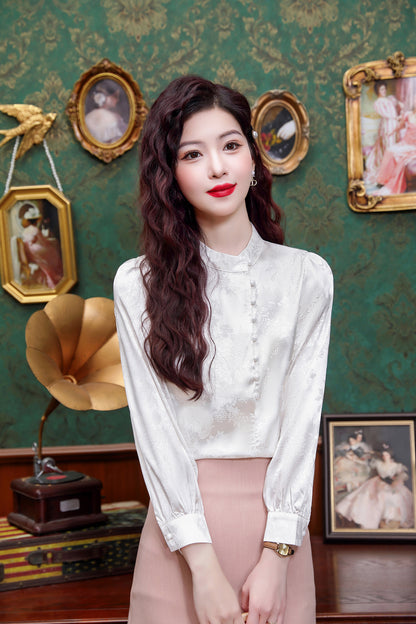 Women's Silk Satin Jacquard Long Sleeve Blouses