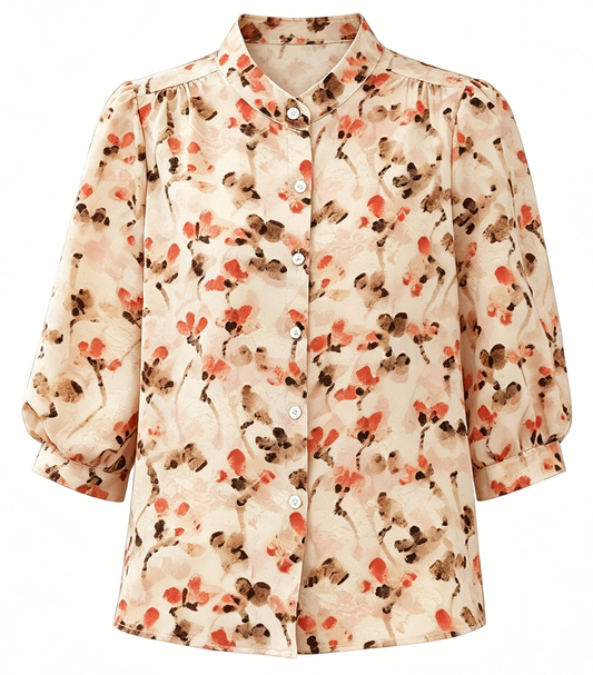 Artistic Floral V-Neck Shirt - LAI MENG FIVE CATS