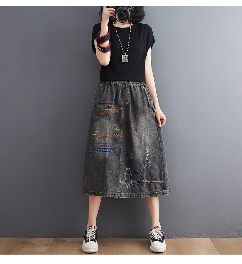 Women's Denim Drawstring Waist Pockets Jean Skirt