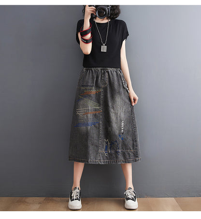 Women's Denim Drawstring Waist Pockets Jean Skirt