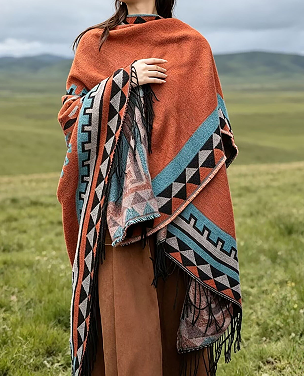 28690-Women's Printed Fringe Travel Shawl – Rust & Teal - LAI MENG FIVE CATS