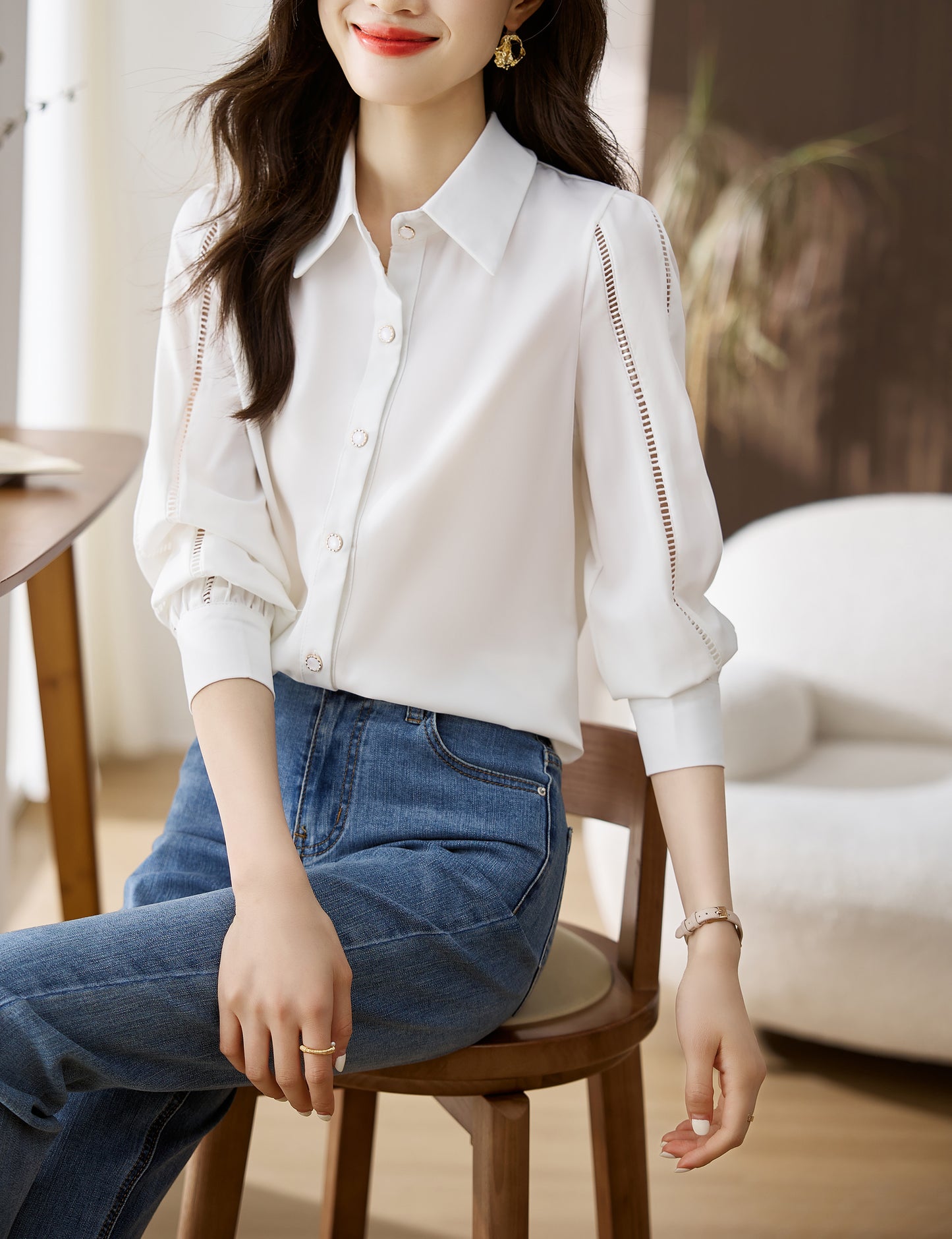Women's Lapel Collar Long Sleeve Casual Button Blouse - LAI MENG FIVE CATS