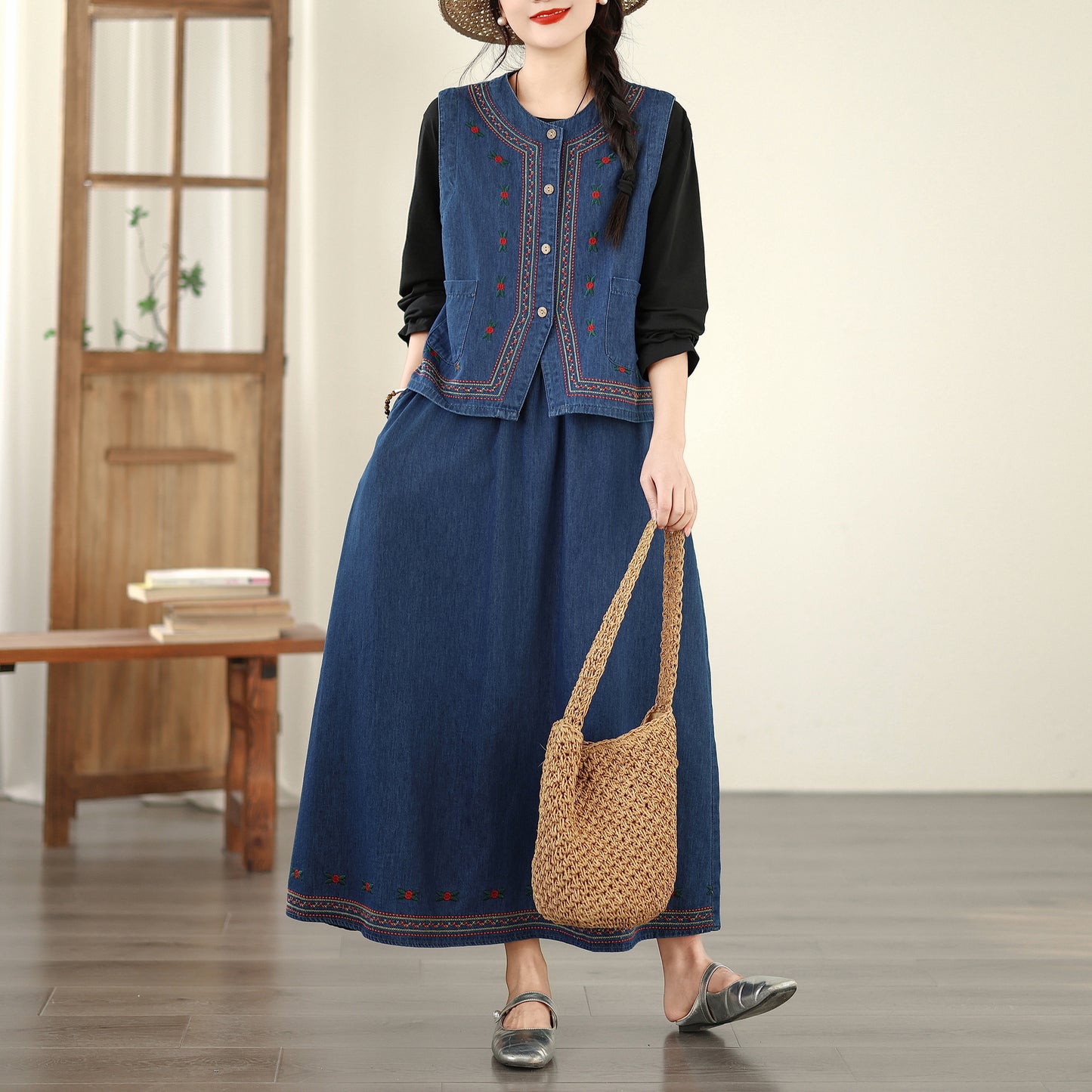 Women's Embroidered Elastic Waist Denim Jean Maxi Skirt Pocket - LAI MENG FIVE CATS