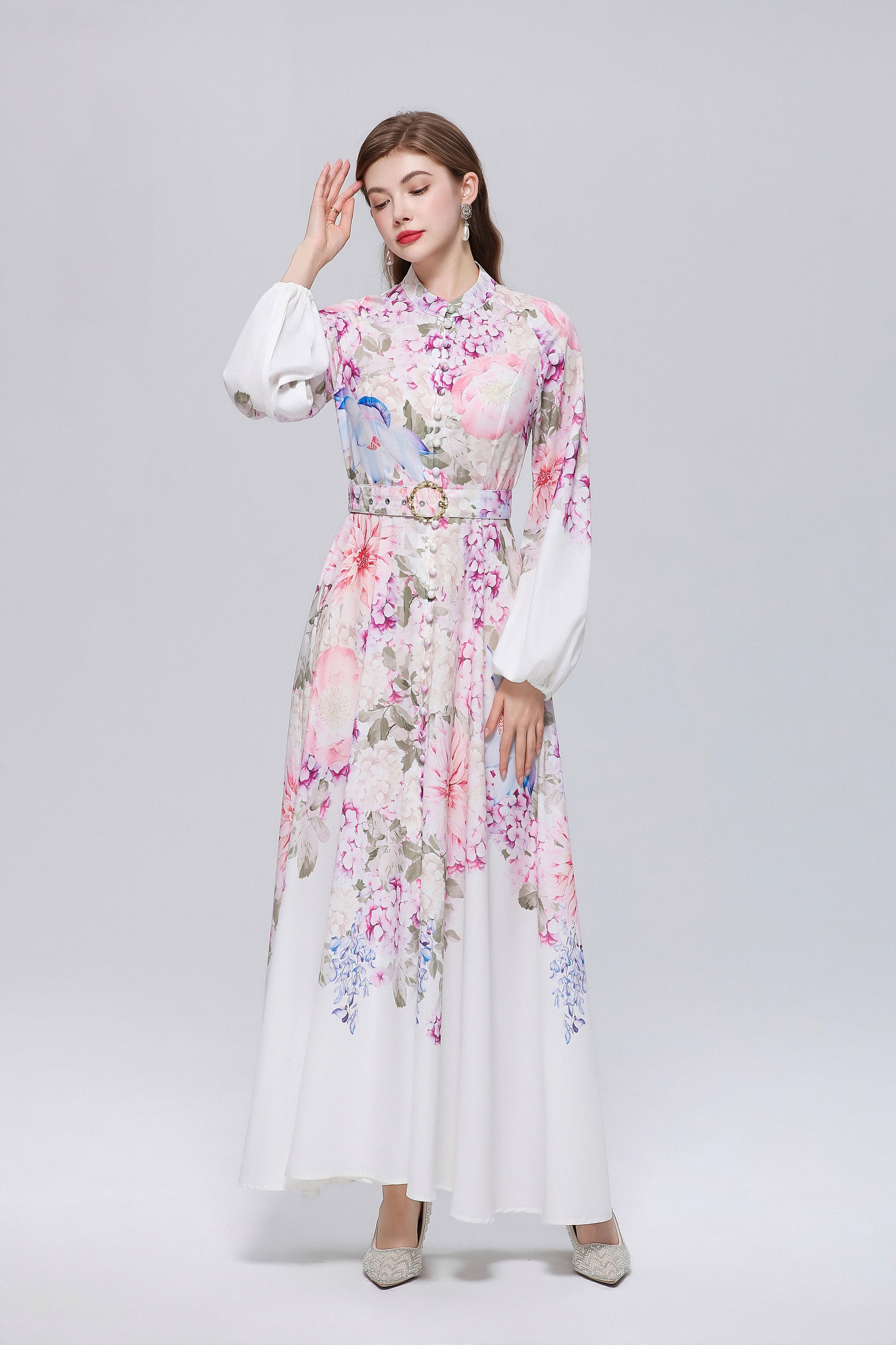 26-Women Floral Print Button Flowy Maxi Belt Dress - LAI MENG FIVE CATS