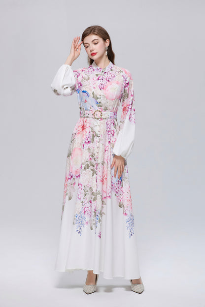 26-Women Floral Print Button Flowy Maxi Belt Dress - LAI MENG FIVE CATS