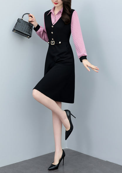 Women's Lapel V-Neck Pocket Long Sleeve Black Dress