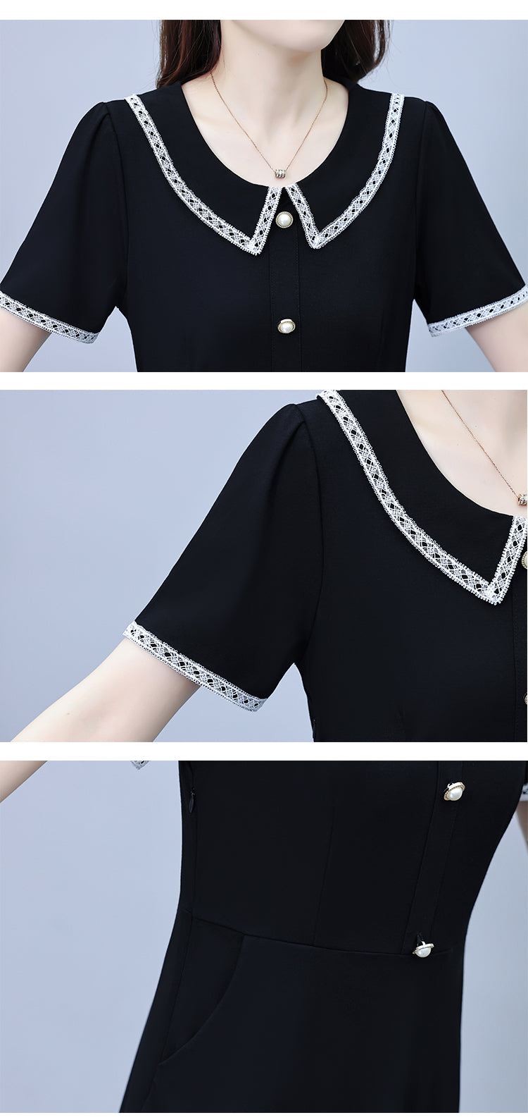 Women's Peter Pan Collar Short Sleeve Pocket Midi Dress - LAI MENG FIVE CATS