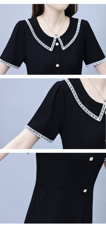 Women's Peter Pan Collar Short Sleeve Pocket Midi Dress - LAI MENG FIVE CATS