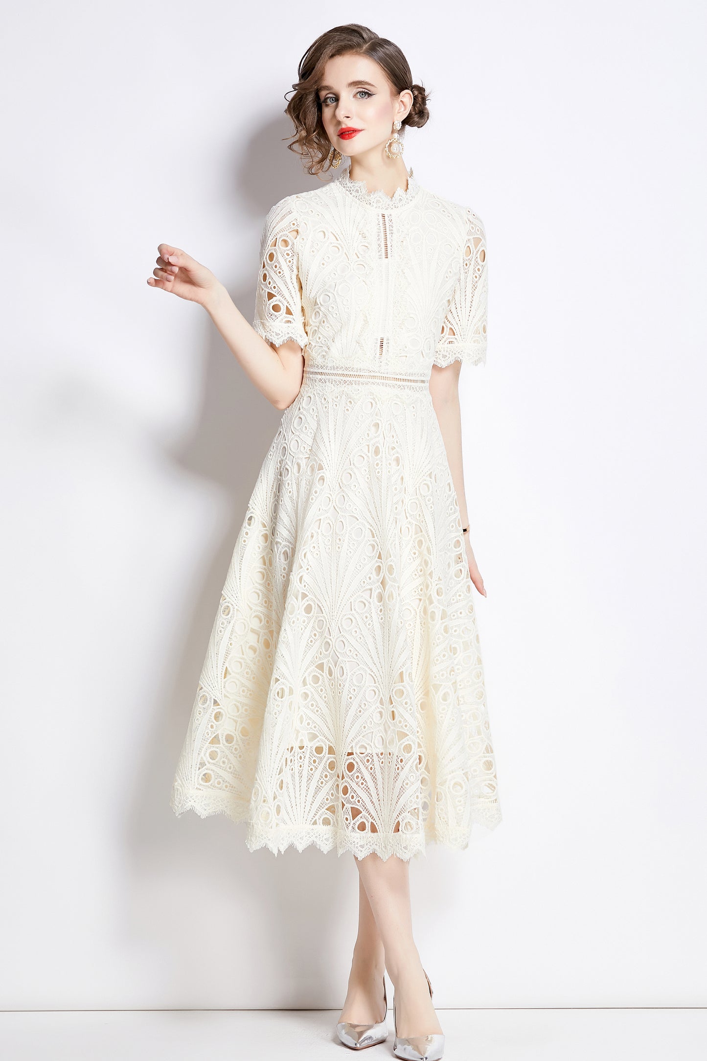 Women's Floral Lace Crew Neck Crochet Waist Midi Dress