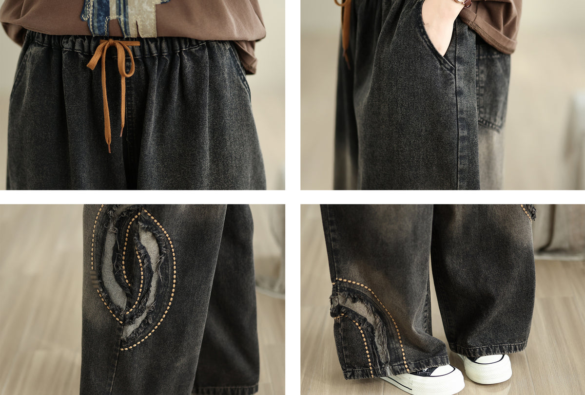28670-Vintage Black Denim Wide-Leg Pants with Distressed Patch & Drawstring Waist