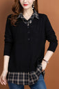 Women's V Neck Plaid Layered Look Knit Pullover Tops