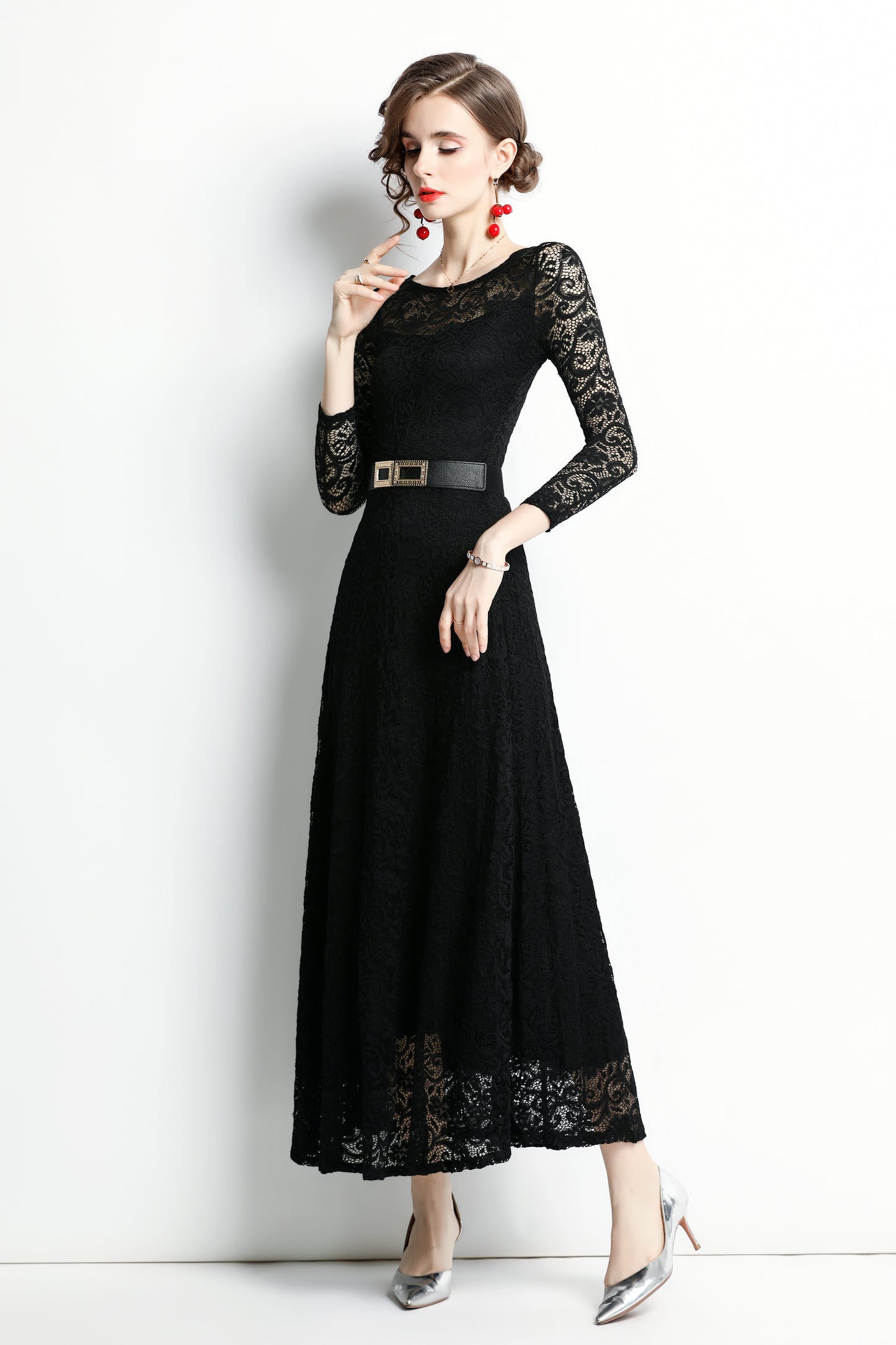 SSY-Women's 3/4 Sleeve Lace Overlay Maxi Dress