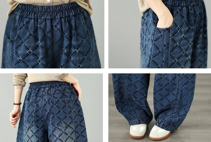 28674-Vintage Plaid Denim Wide Leg Pants with Drawstring Waist