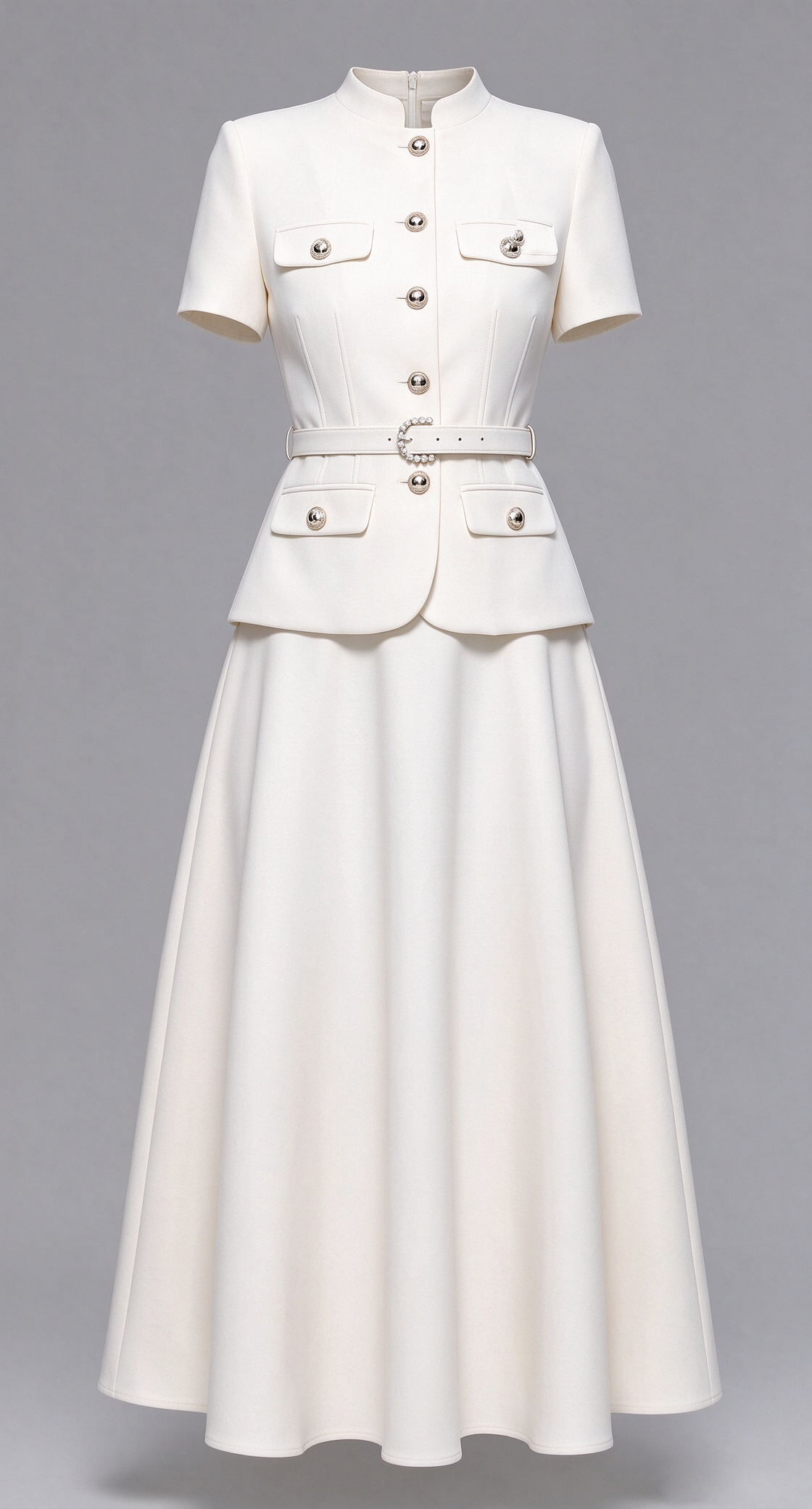 Chic 2-Piece Outfit: EShort-Sleeve Mandarin Collar Jacket & A-Line Skirt