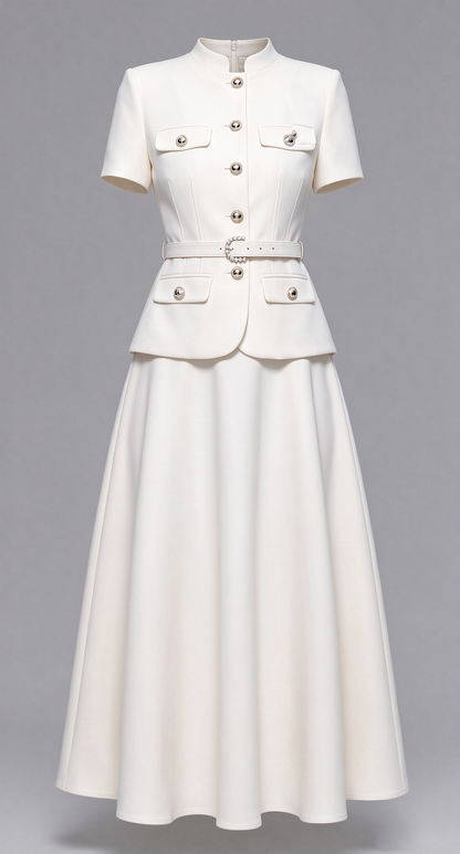 Chic 2-Piece Outfit: EShort-Sleeve Mandarin Collar Jacket & A-Line Skirt