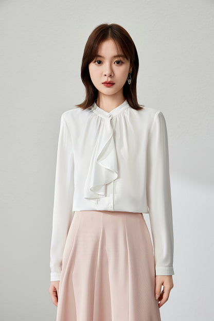 Women's Ruffle Shirt Tie Neck Long Sleeve Blouse - LAI MENG FIVE CATS