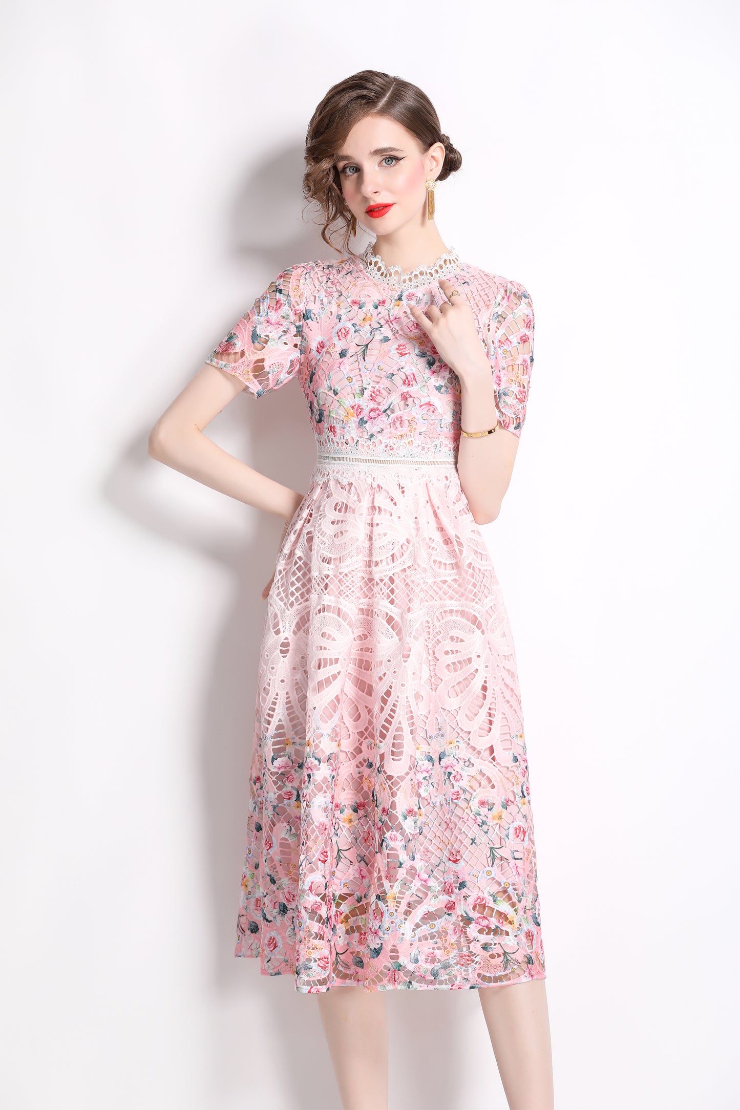 Women's Lace Floral Crochet Waist Midi Dress