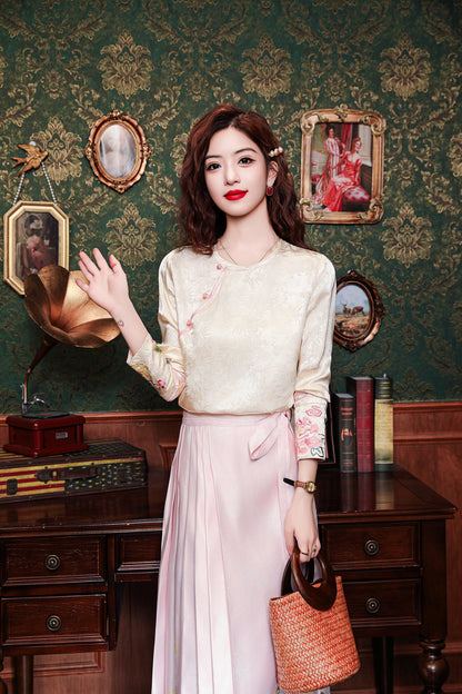 Women's Round Neck Jacquard Embroidery Blouses - LAI MENG FIVE CATS