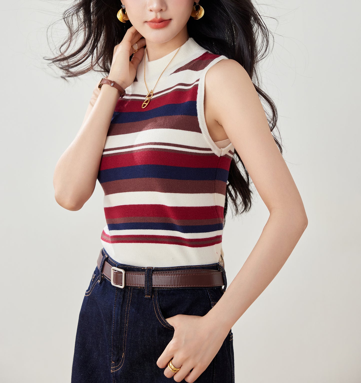 Women's Stripe Sleeveless Ribbed Knit Tops
