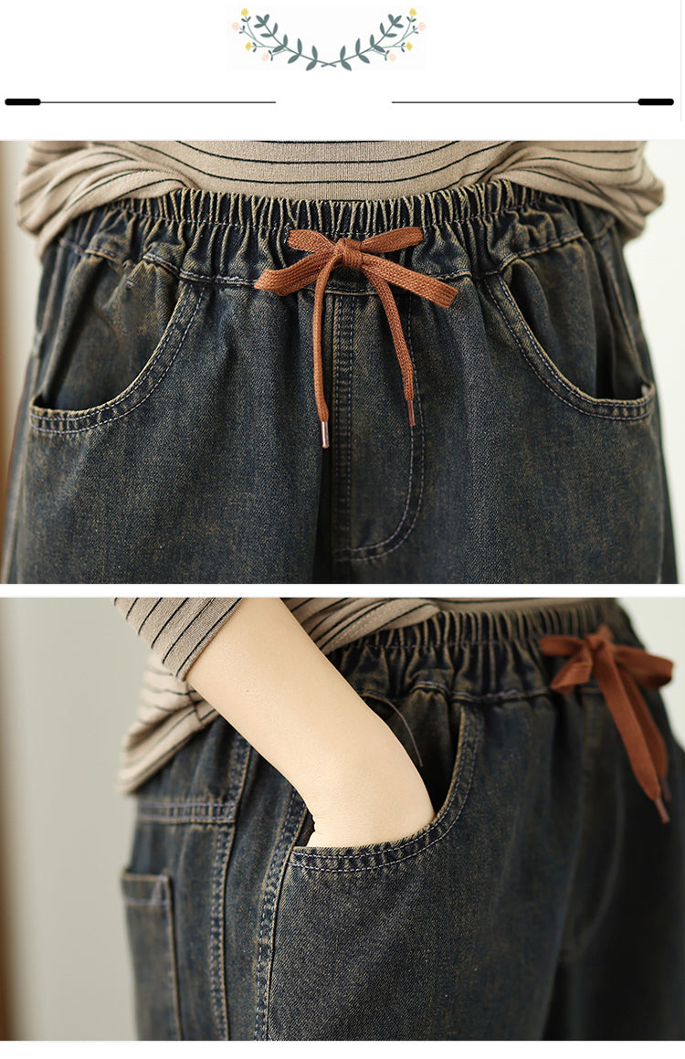 Women's Baggy Jeans Elastic Waist Harem Barrel Denim