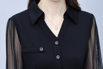 Women's V-Neck Long Sleeve with Pockets Black Dress