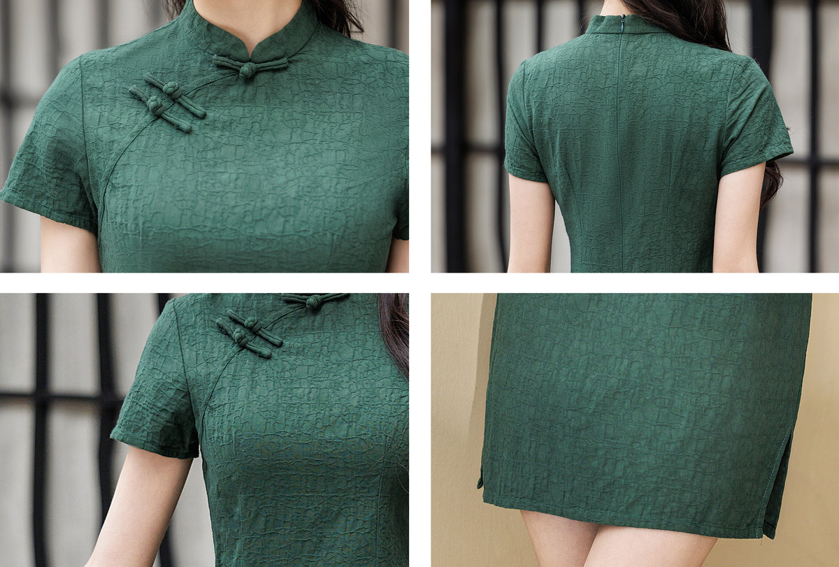 Dark Green Textured Fitted Solid Color Cheongsam Mini Dress