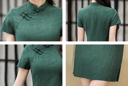 Dark Green Textured Fitted Solid Color Cheongsam Mini Dress