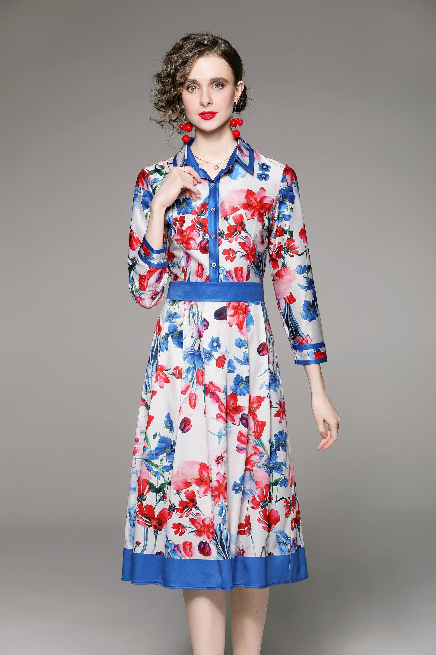 FSY-Women's Floral Print Button A-line Flowy Midi Dress