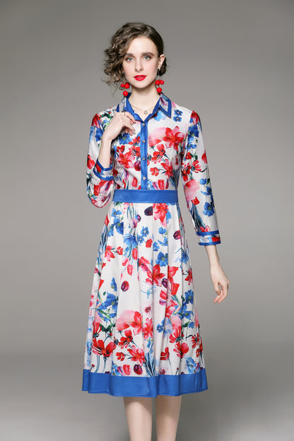 FSY-Women's Floral Print Button A-line Flowy Midi Dress