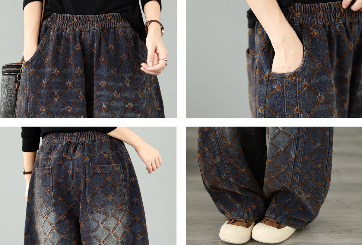 28673-Vintage Plaid Denim Wide Leg Pants with Elastic Waist