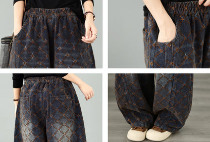 28673-Vintage Plaid Denim Wide Leg Pants with Elastic Waist