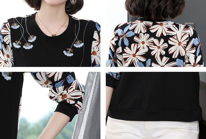 Women's Casual Patchwork Shirt Vintage V Neck Floral Print Blouse