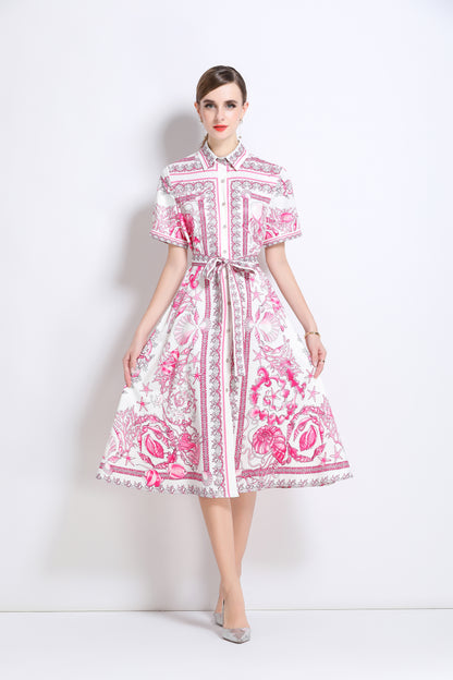 Women's Short Sleeve Button Floral Print  Midi Dress