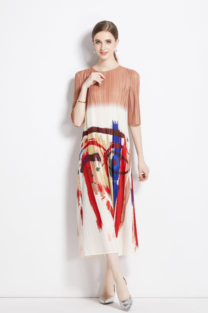 Elegant Pleated Round Neck Print Casual Maxi Dress