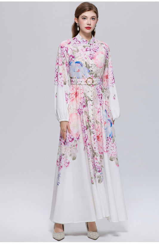 Women's Lantern Sleeve Floral Print Button Maxi Dress With Belts
