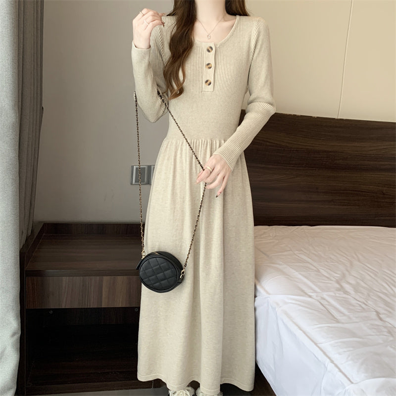 Women's Long Sleeve Button A Line Ribbed Knit Maxi Dress