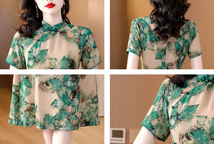 Green Floral Cheongsam Fake Two Pieces Dress
