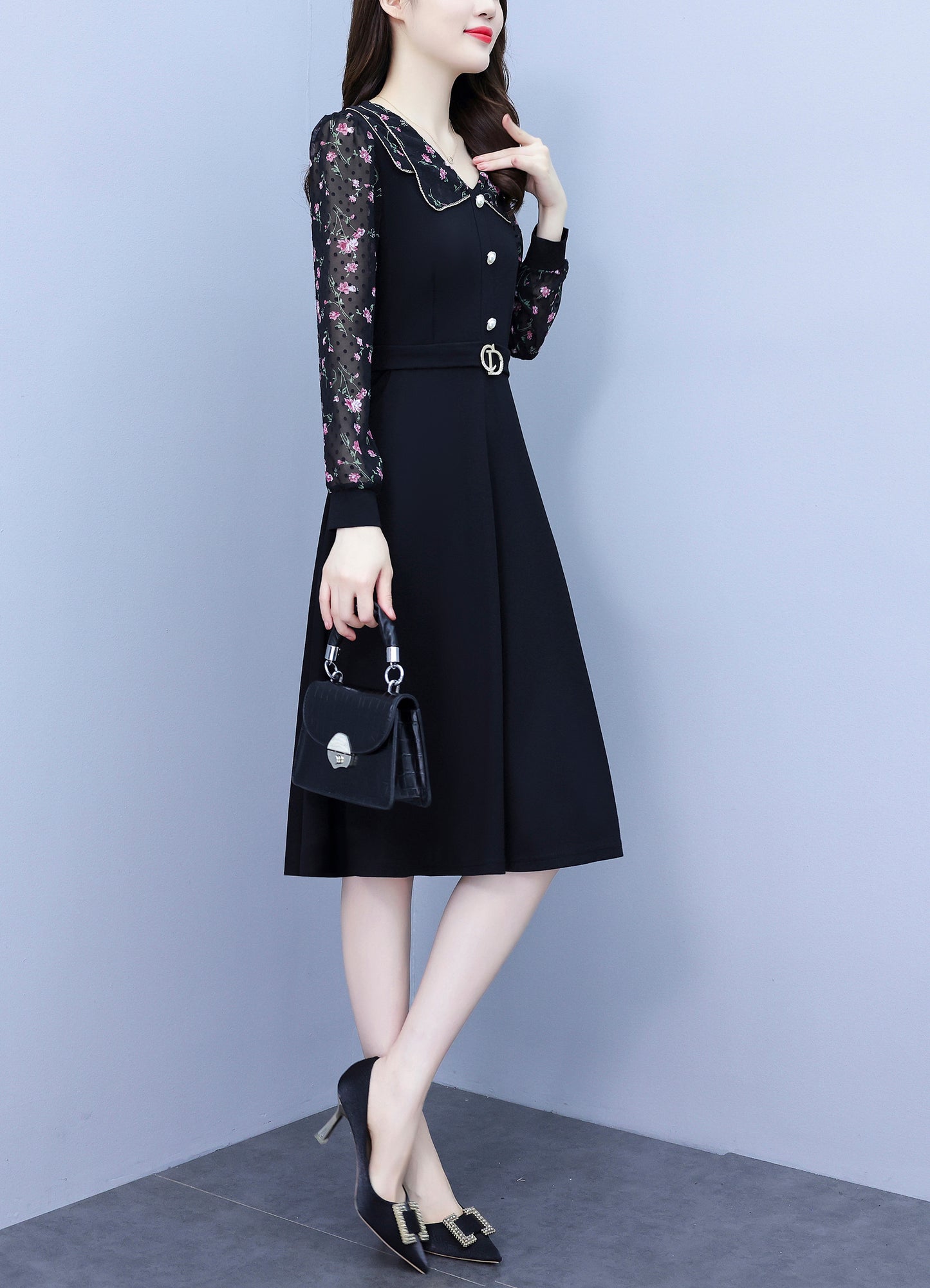 Women's Peter Pan Collar Long Sleeve Pocket Midi Dress
