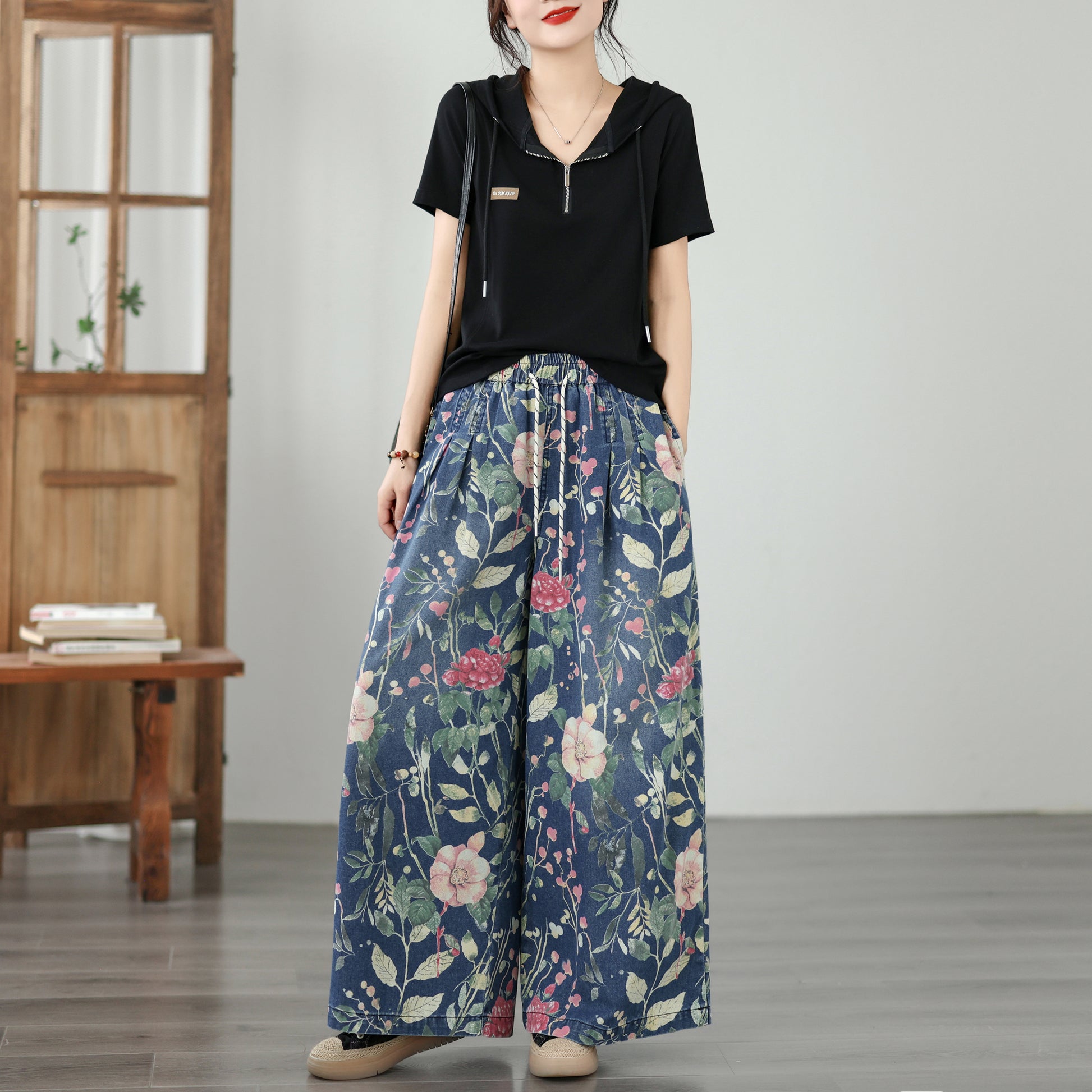 Women's Wide Leg Jeans Baggy Floral Wasited Elastic Pants - LAI MENG FIVE CATS