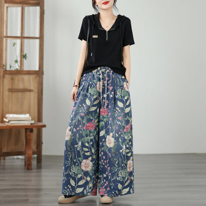 Women's Wide Leg Jeans Baggy Floral Wasited Elastic Pants - LAI MENG FIVE CATS