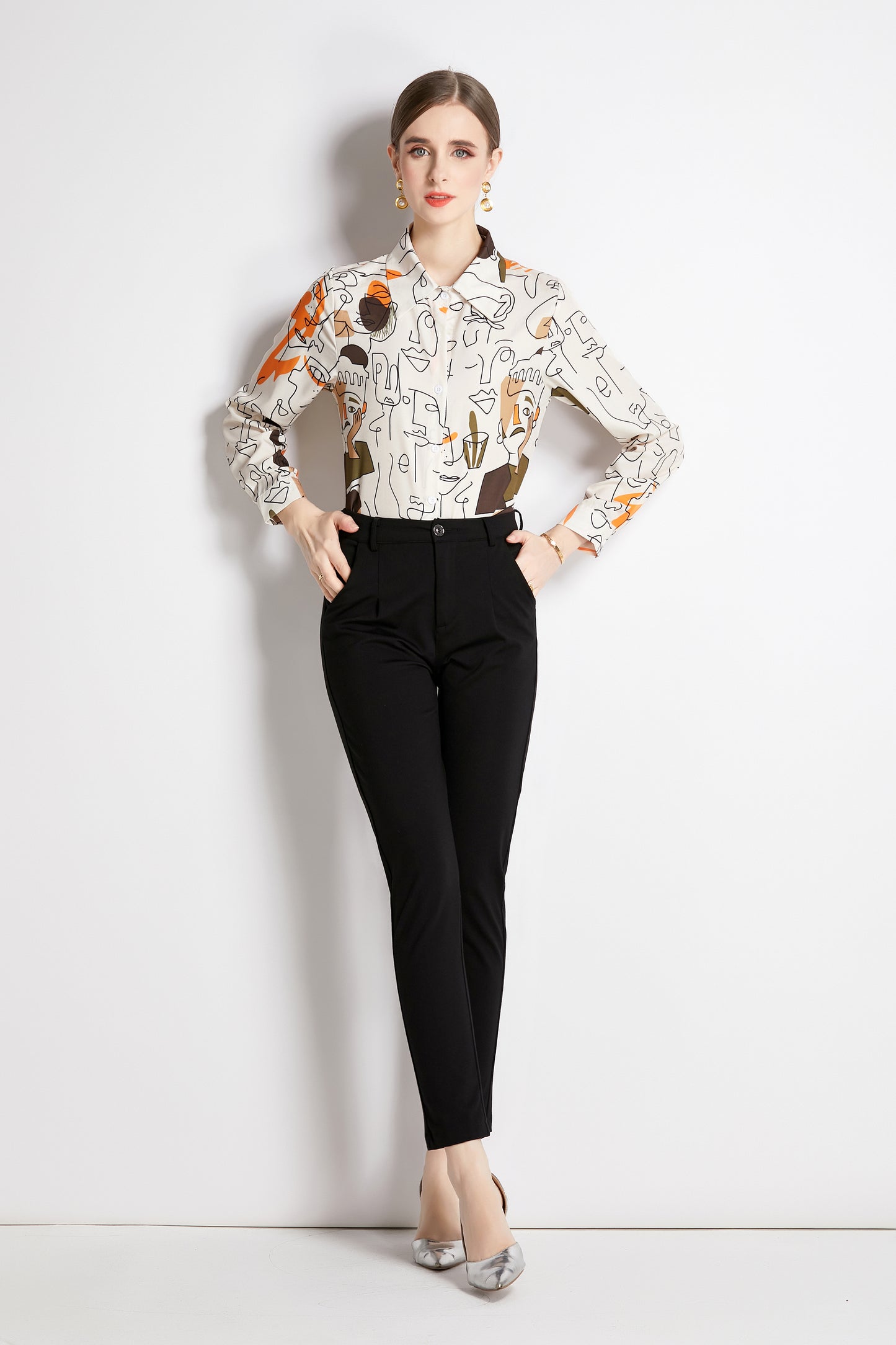 ESY-Women's Long Sleeve Lapel Collar Print Button Blouse