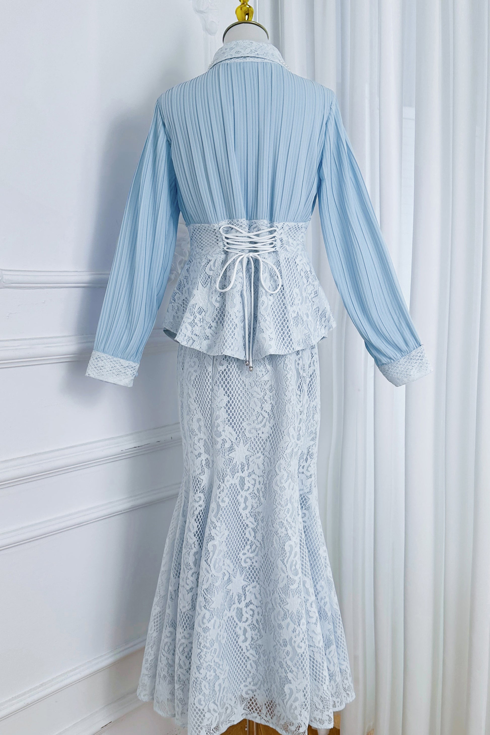 Lace Pearl Top Fishtail Skirt Two-Piece Lace Maxi Set - LAI MENG FIVE CATS