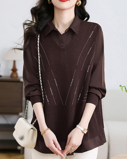 Women's 2-in-1 Layered Knit Vest Top — Shirt Collar with Dotted Trim